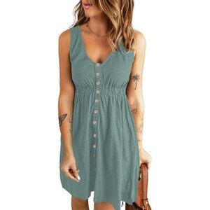 🆕Women Light Green Polyester Sleeveless Button Down A-Line  Dress with Pocket